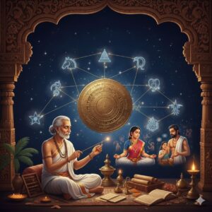 An ancient Indian astrologer with a white beard explaining the celestial nakshatras and zodiac signs to a family in a traditional temple setting with a glowing cosmic chart in the background.