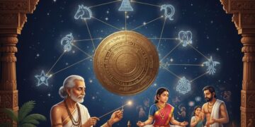An ancient Indian astrologer with a white beard explaining the celestial nakshatras and zodiac signs to a family in a traditional temple setting with a glowing cosmic chart in the background.