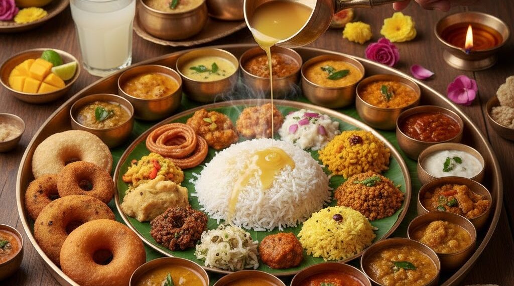 Traditional South Indian Meals with 64 varieties of dishes on a banana leaf