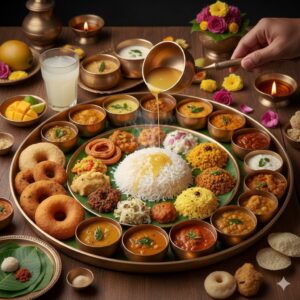 Traditional South Indian Meals with 64 varieties of dishes on a banana leaf