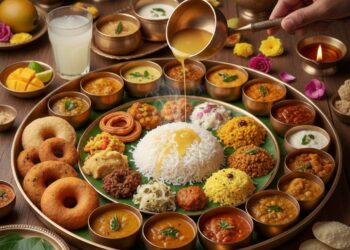 Traditional South Indian Meals with 64 varieties of dishes on a banana leaf