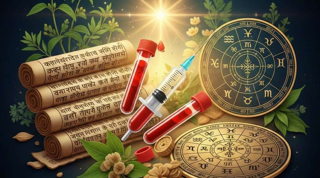 Diabetes and Medical Astrology concept with Ayurveda manuscripts and birth chart - ಮಧುಮೇಹ ಮತ್ತು ಜ್ಯೋತಿಷ್ಯ ಪರಿಹಾರ