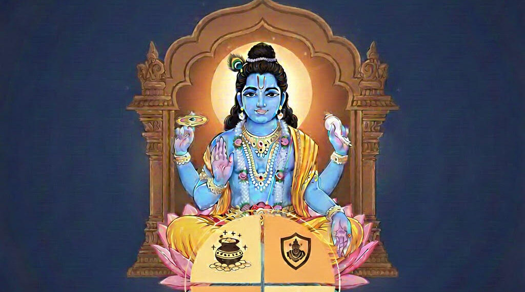 Sri Vishnu Sahasranama manuscript with Lord Vishnu spiritual background