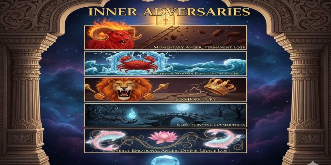 A mystical astrological illustration showing five zodiac signs (Aries ram, Cancer crab, Leo lion, Scorpio scorpion, and Pisces fish) within an ornate frame, each depicting themes of anger and its consequences with symbolic elements like fire, broken bridges, and cosmic backgrounds.