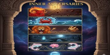 A mystical astrological illustration showing five zodiac signs (Aries ram, Cancer crab, Leo lion, Scorpio scorpion, and Pisces fish) within an ornate frame, each depicting themes of anger and its consequences with symbolic elements like fire, broken bridges, and cosmic backgrounds.