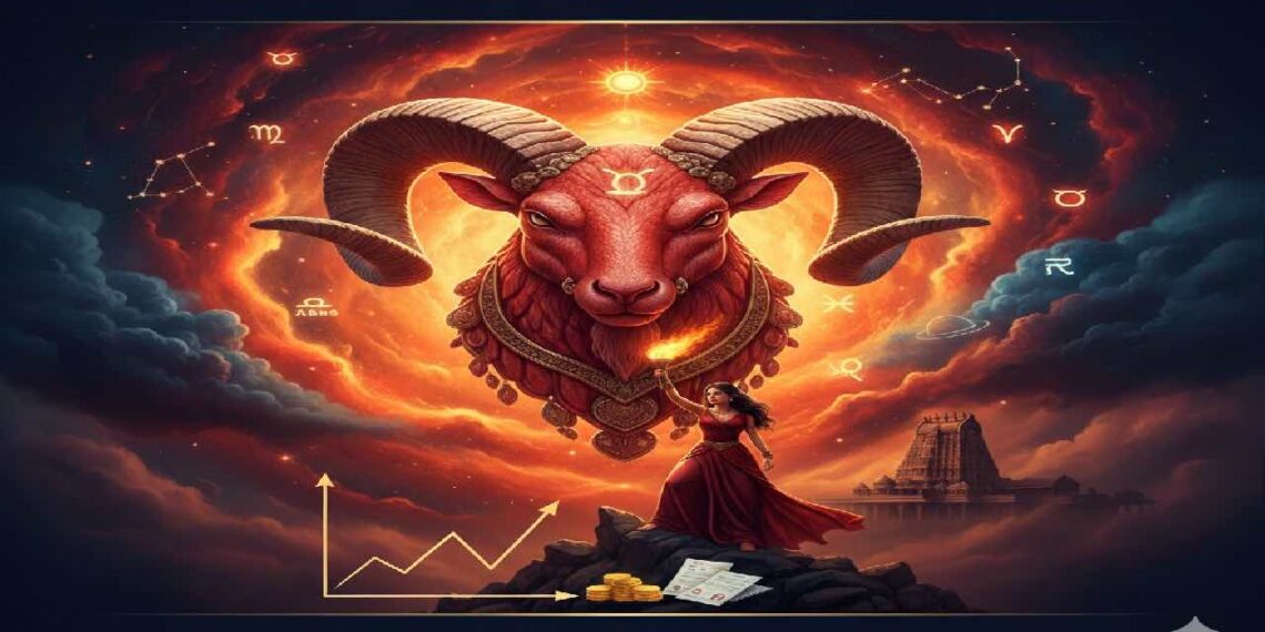 ಉರಿಯುತ್ತಿರುವ ಬೆಂಕಿಯ ಹಿನ್ನೆಲೆಯಲ್ಲಿ ಗಂಭೀರವಾಗಿ ಕಾಣುವ ಮೇಷ ರಾಶಿಯ ಚಿಹ್ನೆಯಾದ ಟಗರಿನ (Ram) ಚಿತ್ರ