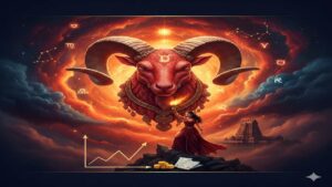 ಉರಿಯುತ್ತಿರುವ ಬೆಂಕಿಯ ಹಿನ್ನೆಲೆಯಲ್ಲಿ ಗಂಭೀರವಾಗಿ ಕಾಣುವ ಮೇಷ ರಾಶಿಯ ಚಿಹ್ನೆಯಾದ ಟಗರಿನ (Ram) ಚಿತ್ರ