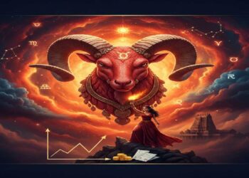 ಉರಿಯುತ್ತಿರುವ ಬೆಂಕಿಯ ಹಿನ್ನೆಲೆಯಲ್ಲಿ ಗಂಭೀರವಾಗಿ ಕಾಣುವ ಮೇಷ ರಾಶಿಯ ಚಿಹ್ನೆಯಾದ ಟಗರಿನ (Ram) ಚಿತ್ರ