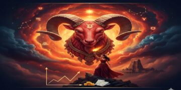 ಉರಿಯುತ್ತಿರುವ ಬೆಂಕಿಯ ಹಿನ್ನೆಲೆಯಲ್ಲಿ ಗಂಭೀರವಾಗಿ ಕಾಣುವ ಮೇಷ ರಾಶಿಯ ಚಿಹ್ನೆಯಾದ ಟಗರಿನ (Ram) ಚಿತ್ರ