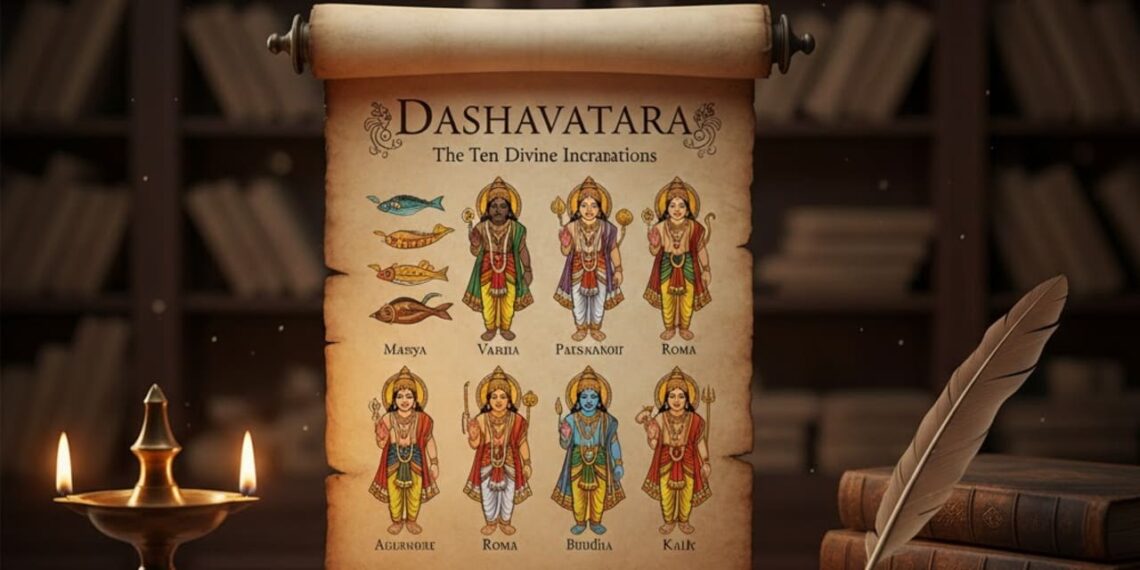 Dashavatara illustrations on an ancient scroll with English text, featuring the ten incarnations of Lord Vishnu in a library setting with a traditional lamp.