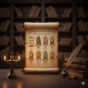 Dashavatara illustrations on an ancient scroll with English text, featuring the ten incarnations of Lord Vishnu in a library setting with a traditional lamp.