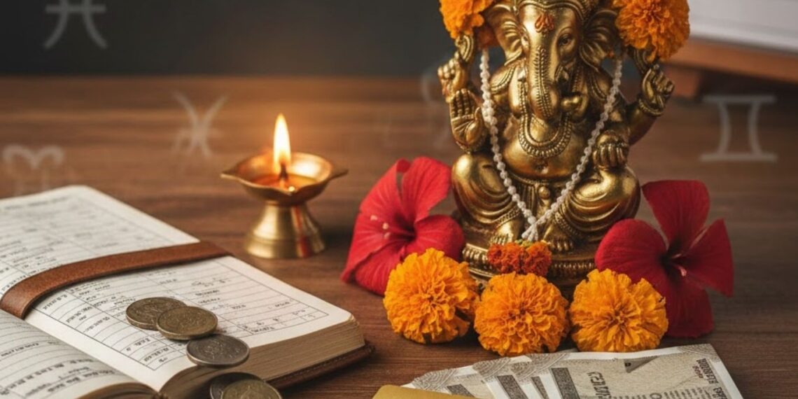 ಜ್ಯೋತಿಷ್ಯ ಶಾಸ್ತ್ರದ ಪ್ರಕಾರ ಬ್ಯಾಂಕ್ ಖಾತೆ ತೆರೆಯಲು ಶುಭ ಮುಹೂರ್ತವನ್ನು ಸೂಚಿಸುವ ಗಣೇಶನ ವಿಗ್ರಹ, ಪಂಚಾಂಗ ಮತ್ತು ಹಣದ ಚಿತ್ರ.
