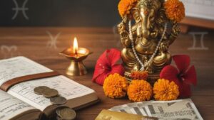 ಜ್ಯೋತಿಷ್ಯ ಶಾಸ್ತ್ರದ ಪ್ರಕಾರ ಬ್ಯಾಂಕ್ ಖಾತೆ ತೆರೆಯಲು ಶುಭ ಮುಹೂರ್ತವನ್ನು ಸೂಚಿಸುವ ಗಣೇಶನ ವಿಗ್ರಹ, ಪಂಚಾಂಗ ಮತ್ತು ಹಣದ ಚಿತ್ರ.