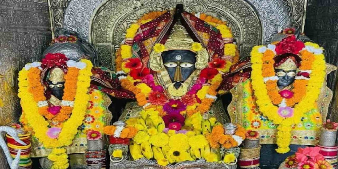 ಹಳದಿ ಹೂವುಗಳು ಮತ್ತು ವಸ್ತ್ರಗಳಿಂದ ಅಲಂಕೃತಗೊಂಡ ಬಗಳಾಮುಖಿ ದೇವಿಯ ವಿಗ್ರಹ, ಕೈಯಲ್ಲಿ ಶತ್ರುವಿನ ನಾಲಿಗೆ ಹಿಡಿದಿರುವ ಸ್ವರೂಪ.