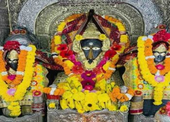 ಹಳದಿ ಹೂವುಗಳು ಮತ್ತು ವಸ್ತ್ರಗಳಿಂದ ಅಲಂಕೃತಗೊಂಡ ಬಗಳಾಮುಖಿ ದೇವಿಯ ವಿಗ್ರಹ, ಕೈಯಲ್ಲಿ ಶತ್ರುವಿನ ನಾಲಿಗೆ ಹಿಡಿದಿರುವ ಸ್ವರೂಪ.