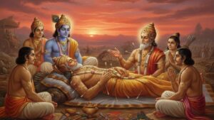 Bhishma Pitamaha lying on a bed of arrows giving spiritual and political instructions to Lord Krishna and the Pandavas during sunset, Mahabharata scene.