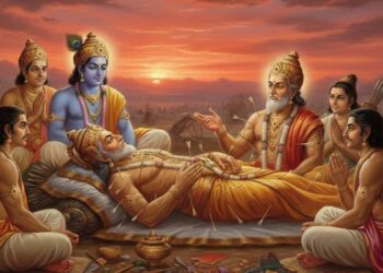 Bhishma Pitamaha lying on a bed of arrows giving spiritual and political instructions to Lord Krishna and the Pandavas during sunset, Mahabharata scene.