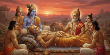 Bhishma Pitamaha lying on a bed of arrows giving spiritual and political instructions to Lord Krishna and the Pandavas during sunset, Mahabharata scene.