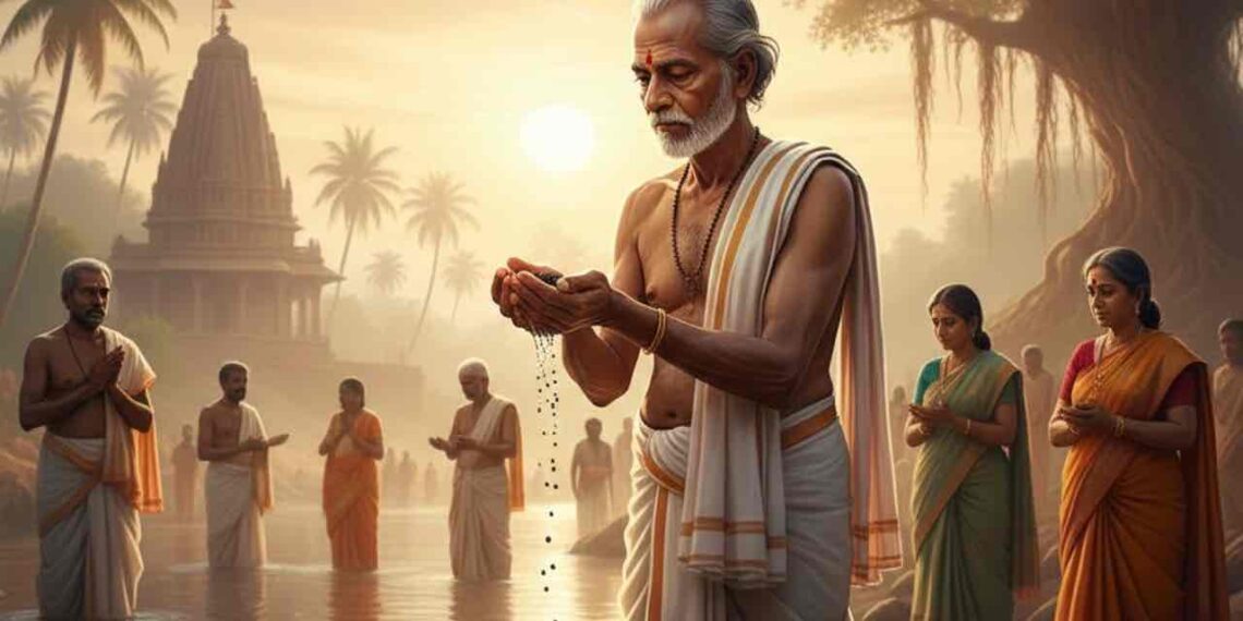 A serene illustration of devotees performing Bhishma Tarpana in a holy river during sunrise, with a traditional South Indian temple and a banyan tree in the background.