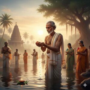 A serene illustration of devotees performing Bhishma Tarpana in a holy river during sunrise, with a traditional South Indian temple and a banyan tree in the background.