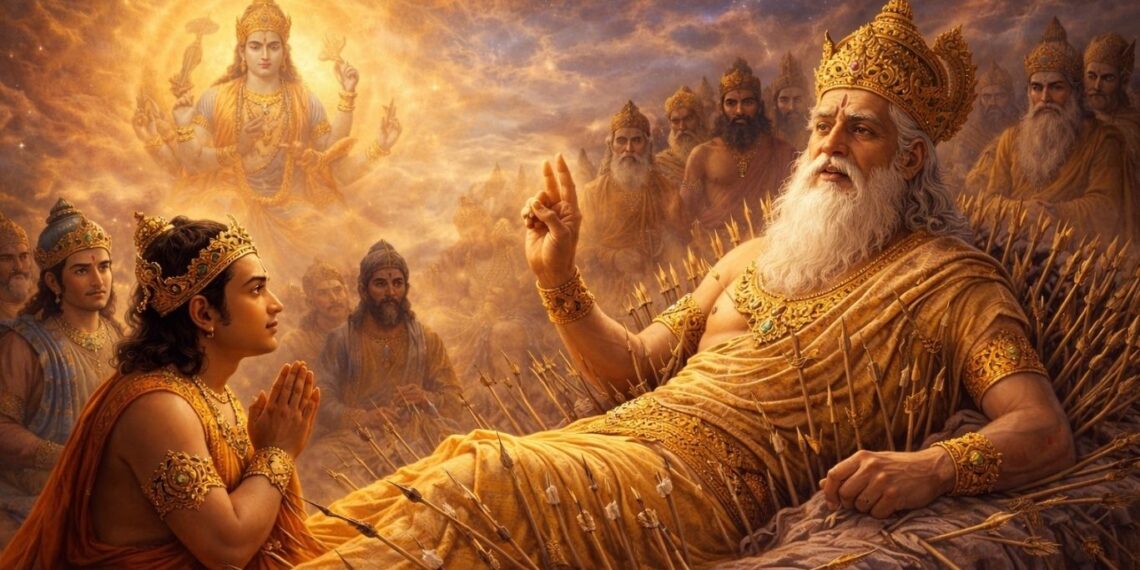 ಶರಶಯ್ಯೆಯ ಮೇಲೆ ಮಲಗಿರುವ ಭೀಷ್ಮ ಪಿತಾಮಹರು ಯುದ್ಧಿಷ್ಠಿರನಿಗೆ ವಿಷ್ಣು ಸಹಸ್ರನಾಮ ಬೋಧಿಸುತ್ತಿರುವ ಮಹಾಭಾರತದ ದೃಶ್ಯ