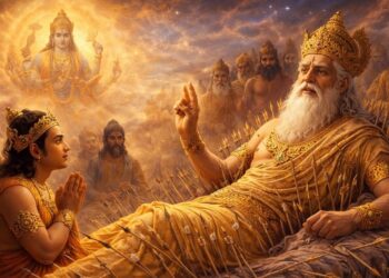 ಶರಶಯ್ಯೆಯ ಮೇಲೆ ಮಲಗಿರುವ ಭೀಷ್ಮ ಪಿತಾಮಹರು ಯುದ್ಧಿಷ್ಠಿರನಿಗೆ ವಿಷ್ಣು ಸಹಸ್ರನಾಮ ಬೋಧಿಸುತ್ತಿರುವ ಮಹಾಭಾರತದ ದೃಶ್ಯ