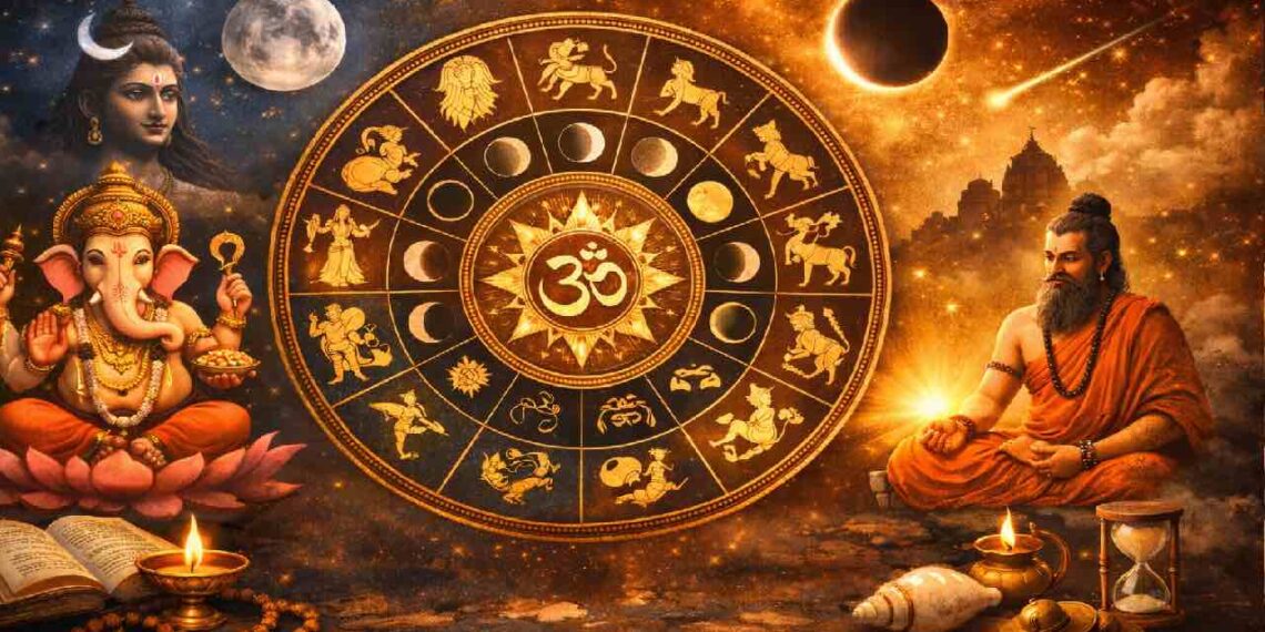 Vedic astrology wheel with zodiac signs, moon phases, Lord Ganesha, Lord Shiva, and a meditating sage in a cosmic spiritual background representing Panchanga and Hindu astrology.