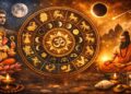 Vedic astrology wheel with zodiac signs, moon phases, Lord Ganesha, Lord Shiva, and a meditating sage in a cosmic spiritual background representing Panchanga and Hindu astrology.