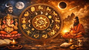 Vedic astrology wheel with zodiac signs, moon phases, Lord Ganesha, Lord Shiva, and a meditating sage in a cosmic spiritual background representing Panchanga and Hindu astrology.