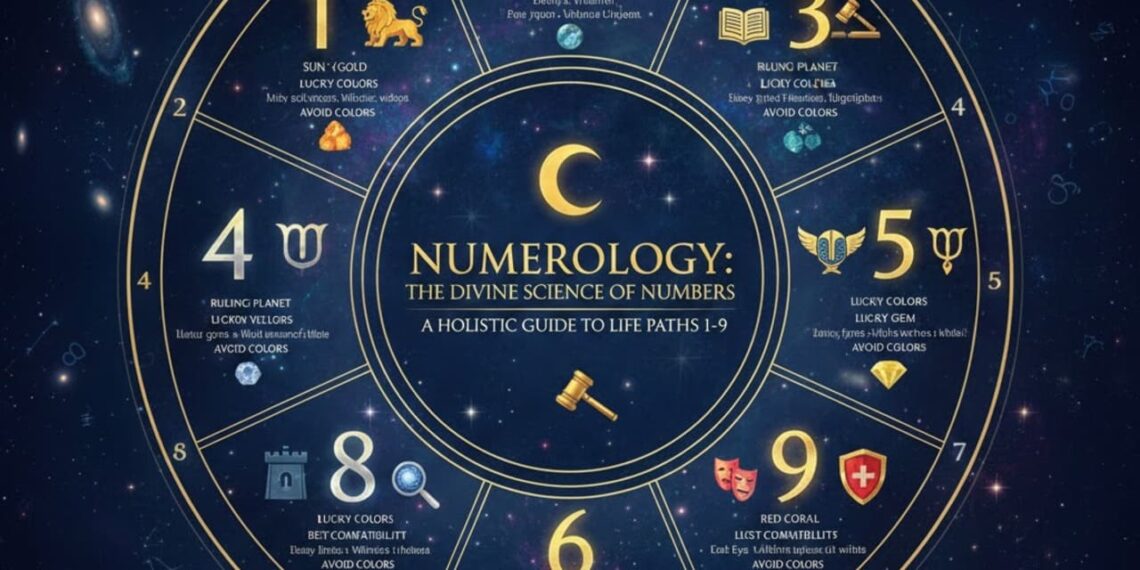 A mystical numerology wheel displaying numbers 1 to 9 with planetary symbols and cosmic galaxy background.
