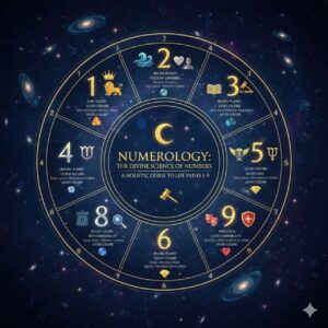 A mystical numerology wheel displaying numbers 1 to 9 with planetary symbols and cosmic galaxy background.