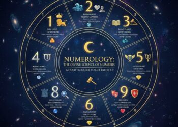 A mystical numerology wheel displaying numbers 1 to 9 with planetary symbols and cosmic galaxy background.