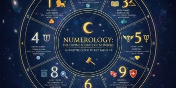 A mystical numerology wheel displaying numbers 1 to 9 with planetary symbols and cosmic galaxy background.