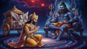 An artistic AI-generated illustration of King Dasharatha kneeling and praying with folded hands to Lord Shani Dev, who is seated on a throne in a cosmic, starry background with a golden chariot and a black crow.