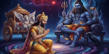 An artistic AI-generated illustration of King Dasharatha kneeling and praying with folded hands to Lord Shani Dev, who is seated on a throne in a cosmic, starry background with a golden chariot and a black crow.