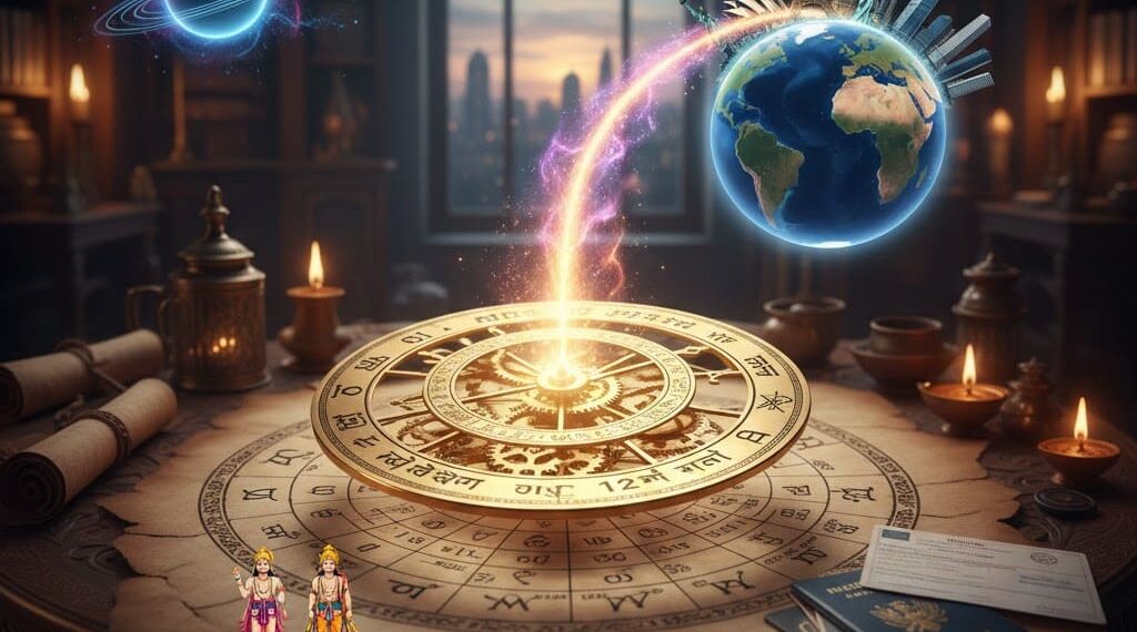 ಜ್ಯೋತಿಷ್ಯ ಶಾಸ್ತ್ರದ ಕುಂಡಲಿ, ಅದರ ಮೇಲೆ ಬೆಳಗುತ್ತಿರುವ ಗ್ಲೋಬ್, ಪಾಸ್‌ಪೋರ್ಟ್ ಮತ್ತು ಗ್ರಹಗಳ ಚಿತ್ರವಿರುವ ವಿದೇಶಿ ಯೋಗದ ವಿವರಣಾತ್ಮಕ ಫೋಟೋ.
