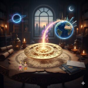 ಜ್ಯೋತಿಷ್ಯ ಶಾಸ್ತ್ರದ ಕುಂಡಲಿ, ಅದರ ಮೇಲೆ ಬೆಳಗುತ್ತಿರುವ ಗ್ಲೋಬ್, ಪಾಸ್‌ಪೋರ್ಟ್ ಮತ್ತು ಗ್ರಹಗಳ ಚಿತ್ರವಿರುವ ವಿದೇಶಿ ಯೋಗದ ವಿವರಣಾತ್ಮಕ ಫೋಟೋ.