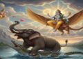 Lord Vishnu riding Garuda, descending from the sky to rescue Gajendra the elephant from a crocodile in a lake, traditional Hindu mythological scene.