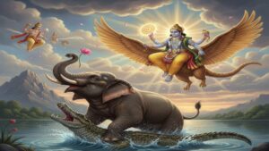Lord Vishnu riding Garuda, descending from the sky to rescue Gajendra the elephant from a crocodile in a lake, traditional Hindu mythological scene.