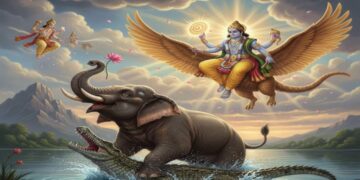 Lord Vishnu riding Garuda, descending from the sky to rescue Gajendra the elephant from a crocodile in a lake, traditional Hindu mythological scene.