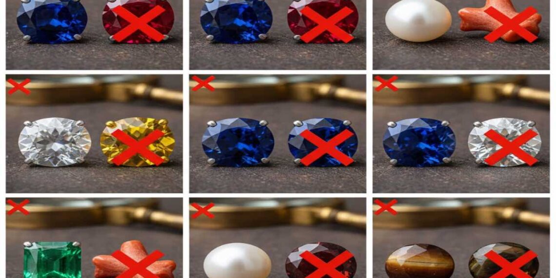 A grid of various gemstone pairs showing incompatible combinations with red 'X' marks on specific stones like Ruby, Pearl, and Coral against Blue Sapphire or Emerald.