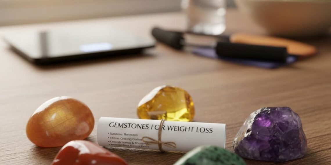 Five vibrant gemstones (Sunstone, Citrine, Carnelian, Green Aventurine, and Amethyst) arranged on a wooden table with a "Gemstones for Weight Loss" scroll, featuring fitness elements like a yoga mat and healthy fruits in the background.