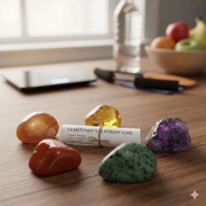 Five vibrant gemstones (Sunstone, Citrine, Carnelian, Green Aventurine, and Amethyst) arranged on a wooden table with a "Gemstones for Weight Loss" scroll, featuring fitness elements like a yoga mat and healthy fruits in the background.