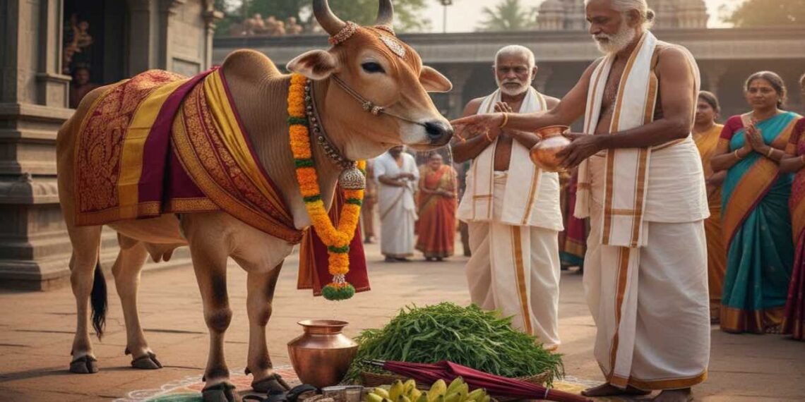 A traditional Hindu Go-Dana (cow donation) ceremony in a temple courtyard. A sacred Desi cow is decorated with garlands and a ritual cloth. An elderly devotee in traditional white attire is performing rituals with a copper kalasha, with fresh green grass (Gograsa), fruits, and puja offerings placed on a colorful rangoli in the foreground.