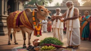 A traditional Hindu Go-Dana (cow donation) ceremony in a temple courtyard. A sacred Desi cow is decorated with garlands and a ritual cloth. An elderly devotee in traditional white attire is performing rituals with a copper kalasha, with fresh green grass (Gograsa), fruits, and puja offerings placed on a colorful rangoli in the foreground.