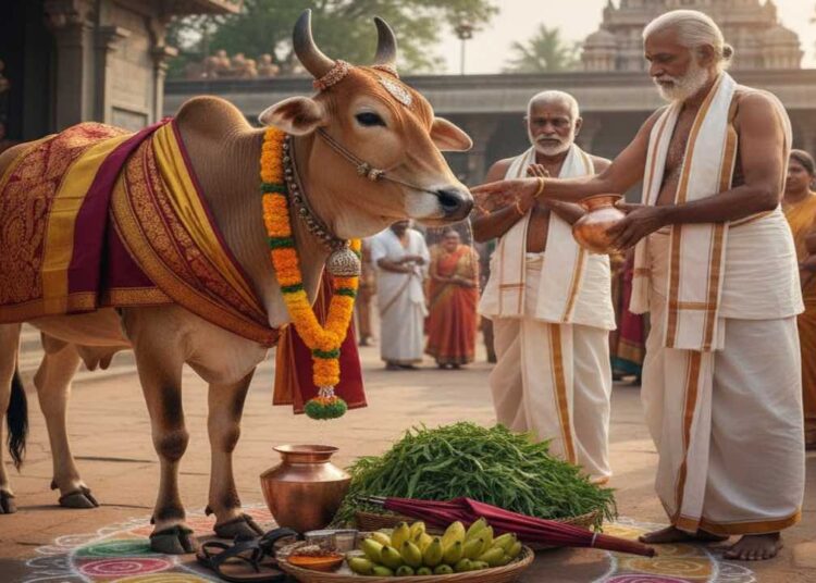 A traditional Hindu Go-Dana (cow donation) ceremony in a temple courtyard. A sacred Desi cow is decorated with garlands and a ritual cloth. An elderly devotee in traditional white attire is performing rituals with a copper kalasha, with fresh green grass (Gograsa), fruits, and puja offerings placed on a colorful rangoli in the foreground.