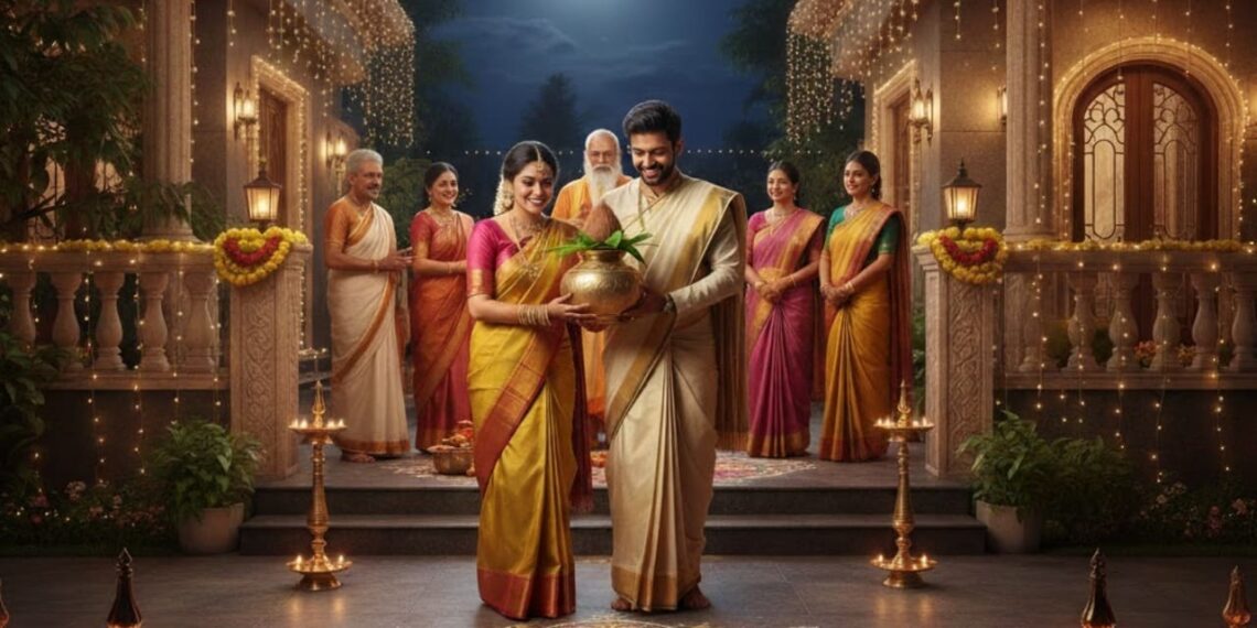 An Indian family performing traditional Gruhapravesha ceremony at night in front of a decorated house under a full moon, with a colorful rangoli and oil lamps in the foreground.