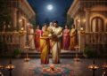 An Indian family performing traditional Gruhapravesha ceremony at night in front of a decorated house under a full moon, with a colorful rangoli and oil lamps in the foreground.