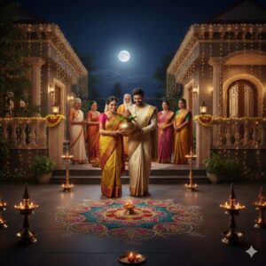 An Indian family performing traditional Gruhapravesha ceremony at night in front of a decorated house under a full moon, with a colorful rangoli and oil lamps in the foreground.