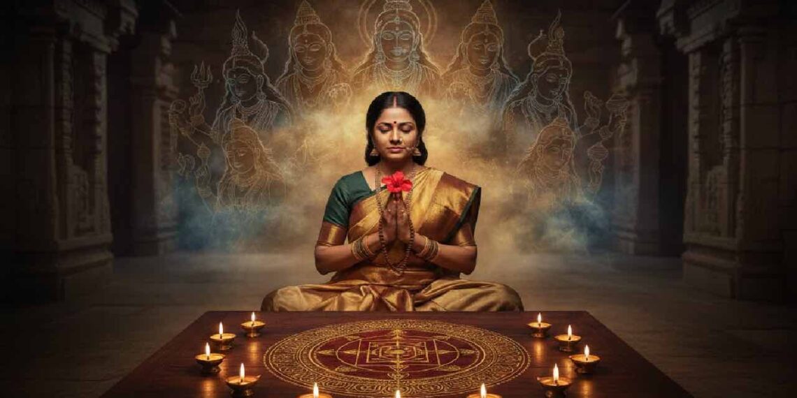 ಗುಪ್ತ ನವರಾತ್ರಿಯ ಸಂದರ್ಭದಲ್ಲಿ ಶ್ರೀಚಕ್ರದ ಮುಂದೆ ಕುಳಿತು ಧ್ಯಾನ ಮಾಡುತ್ತಿರುವ ಮಹಿಳೆ ಮತ್ತು ಹಿನ್ನೆಲೆಯಲ್ಲಿ ದಶ ಮಹಾವಿದ್ಯೆಗಳ ಚಿತ್ರಣ.